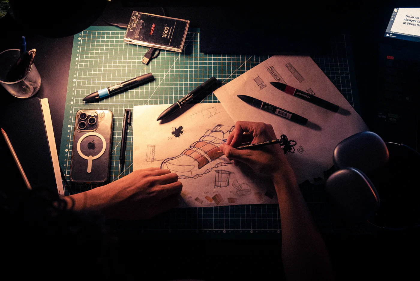 Sketching a product on the desk