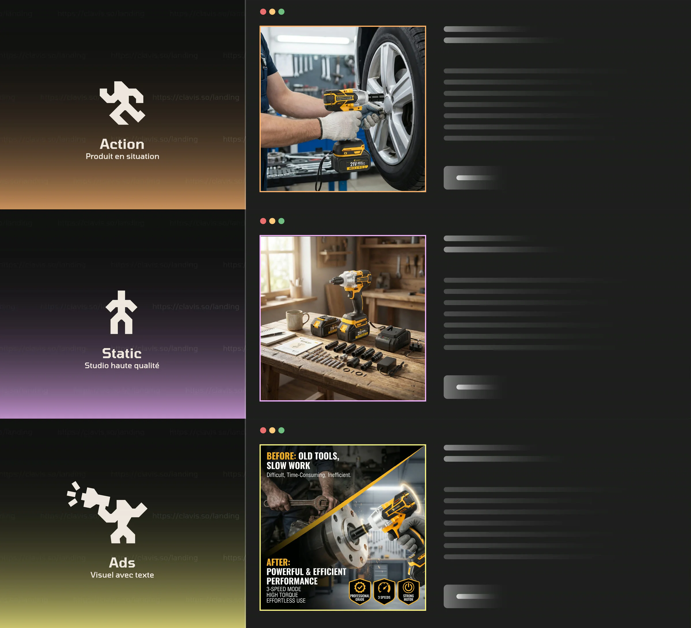 Clavis — the three generation types on one product: action, static, ads