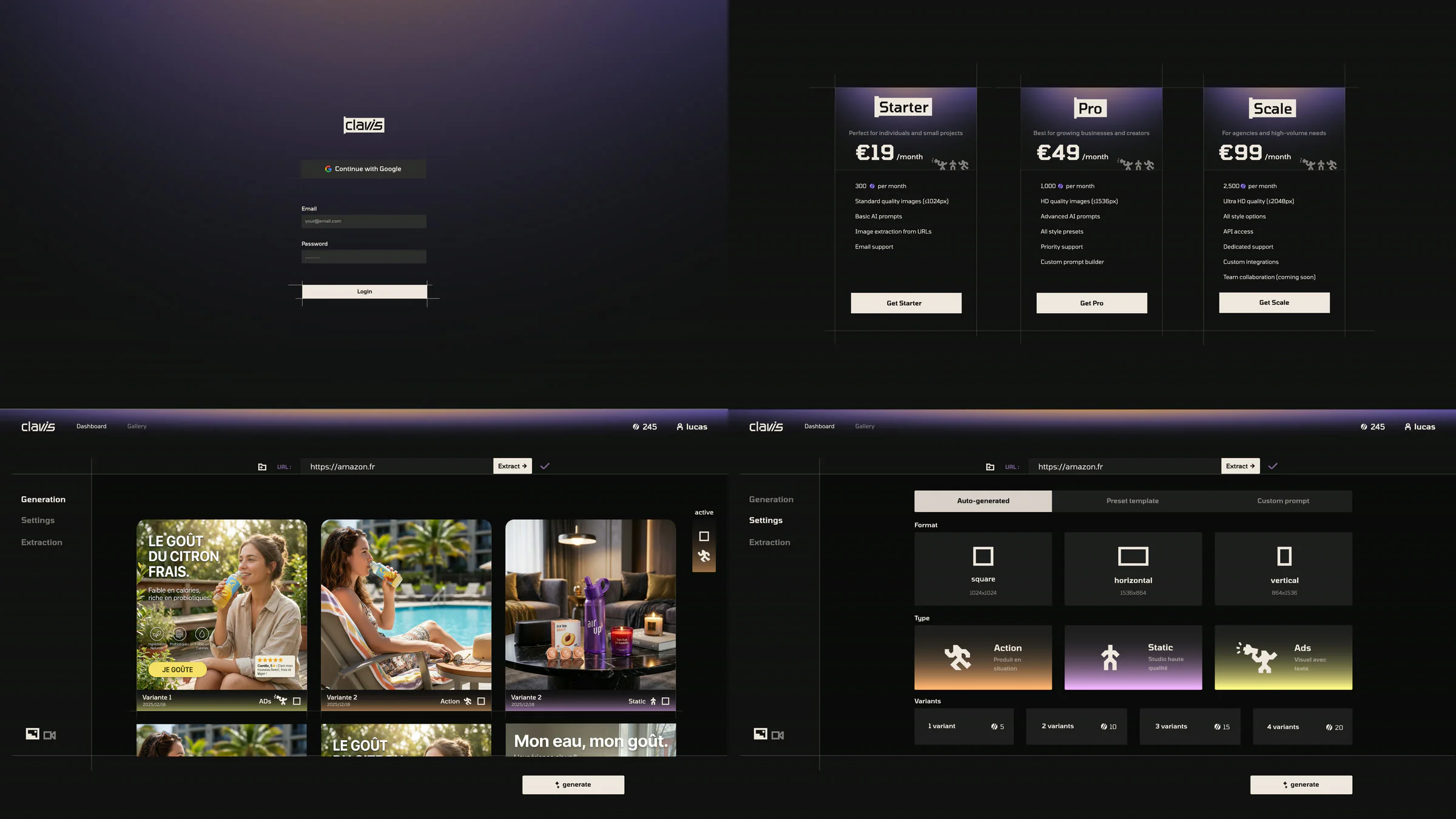 Clavis — SaaS interface: login, pricing, generation dashboard and settings