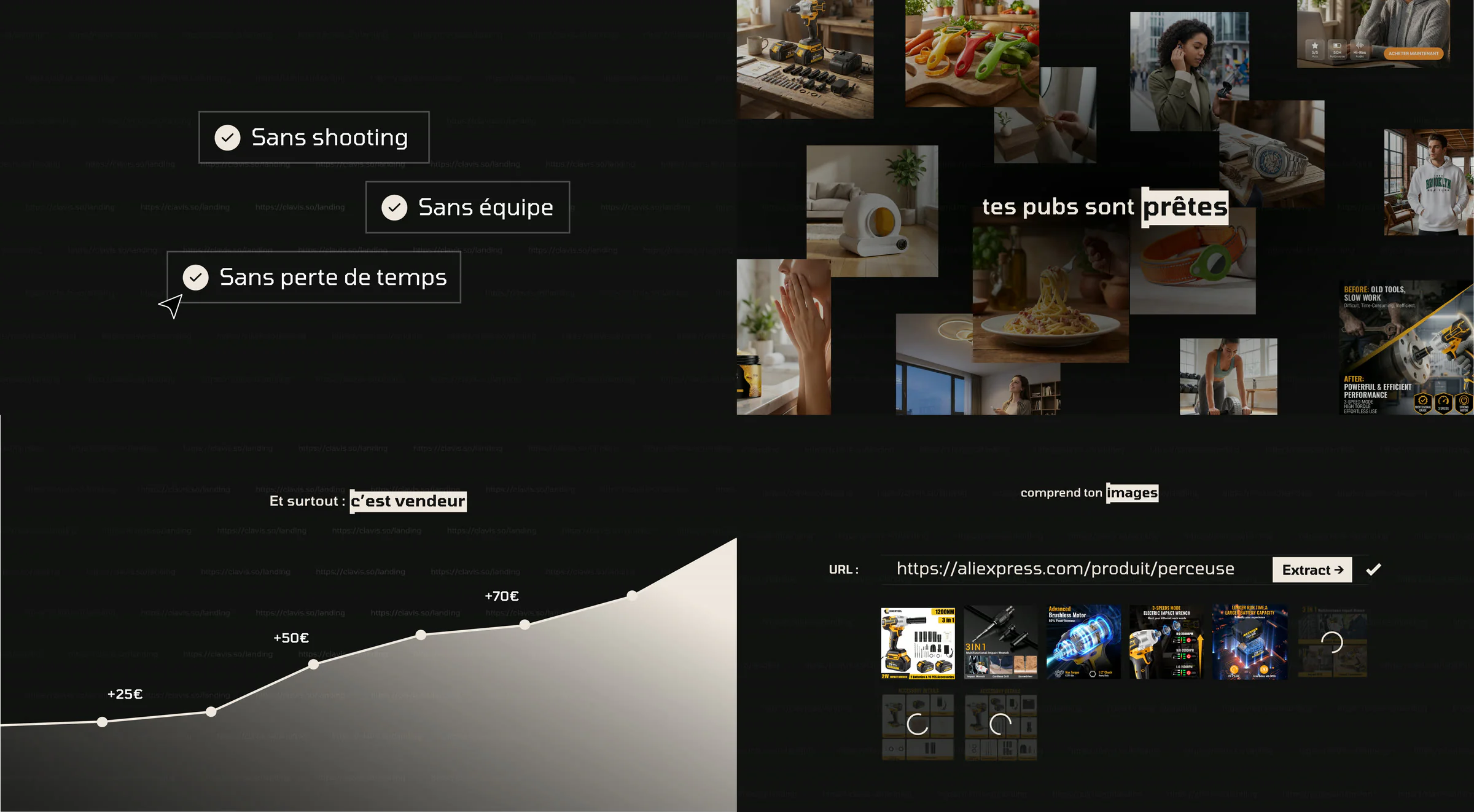 Clavis — landing visuals: no shoot, ready-made ads, sales growth, image extraction