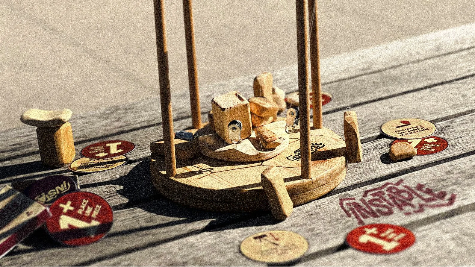 Instable — la plateforme en bois, ses poulies, les jetons et les cartes sur une table