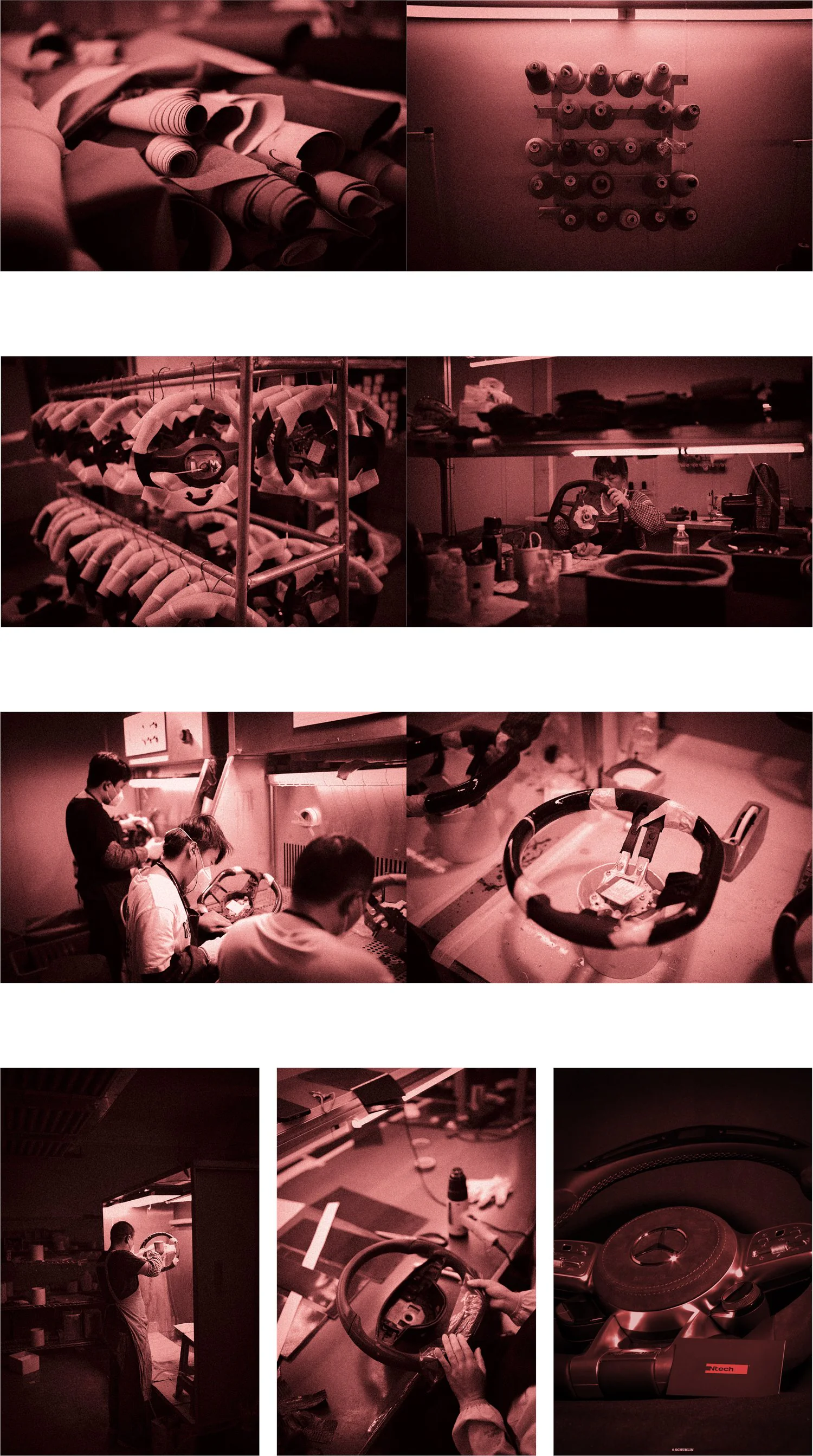 Reportage a l'atelier — cuirs, bobines de fil, montage et controle des volants