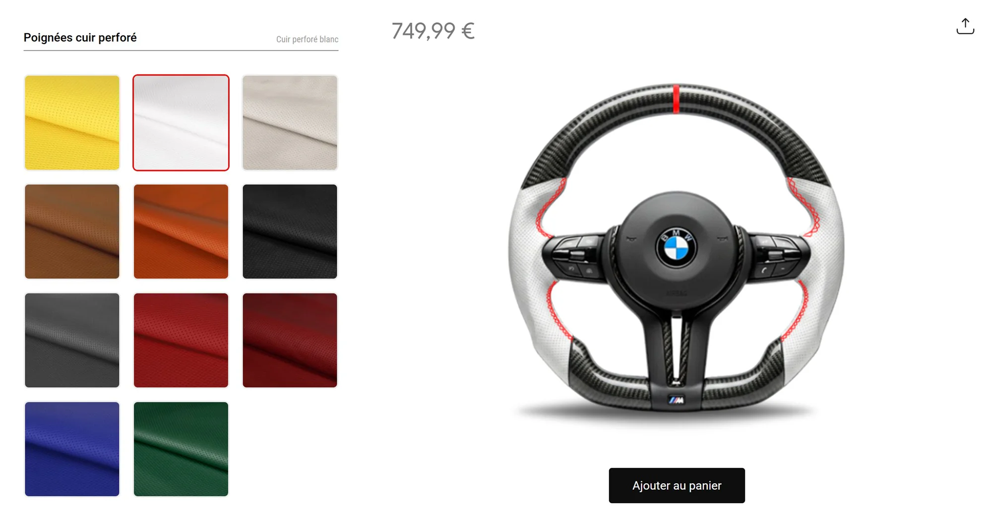 Configurateur Ntech — choix du cuir perfore et apercu du volant en temps reel