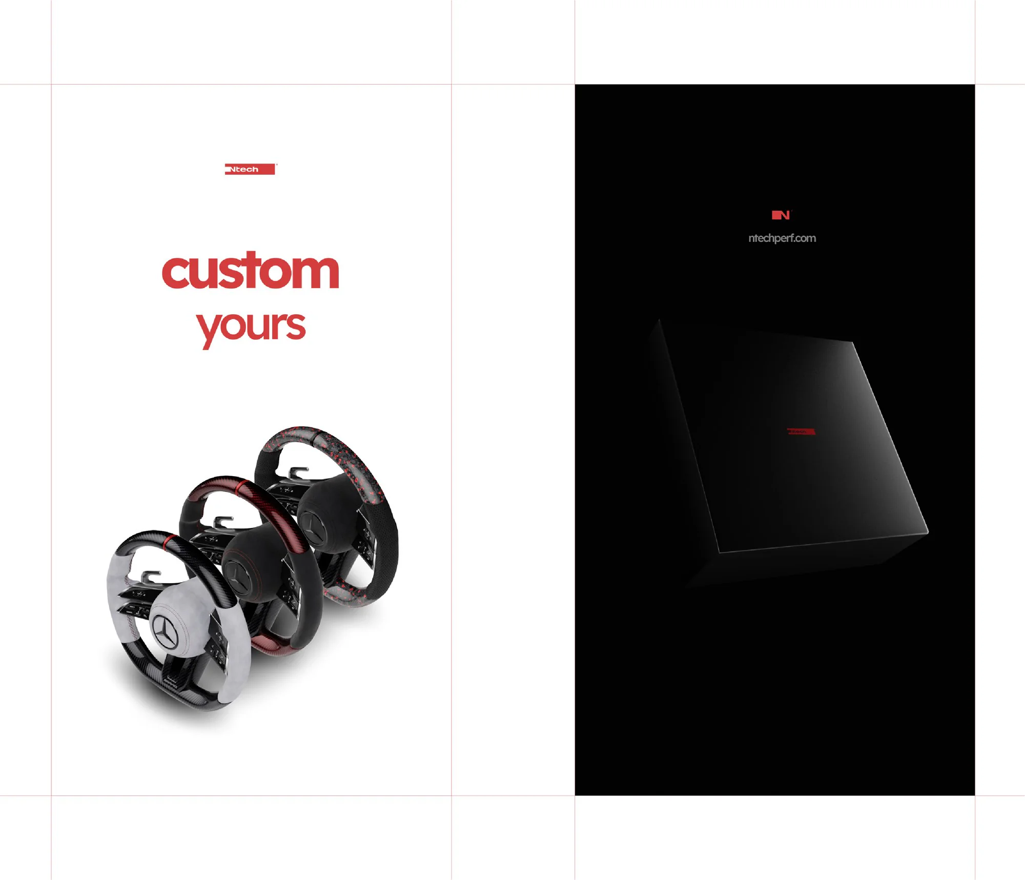 Publicites statiques Ntech — « custom yours » sur fond blanc, coffret noir sur fond noir