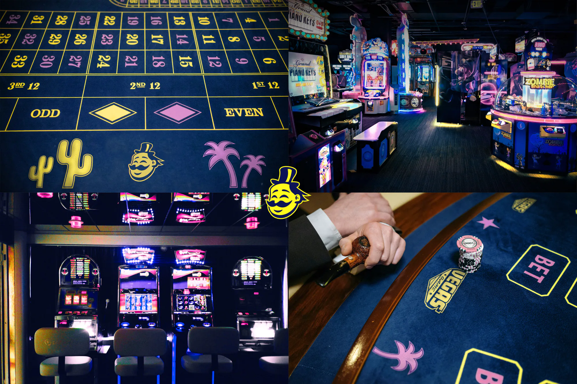 Vegas Game in situ — roulette table, arcade hall, slot machines and gaming table