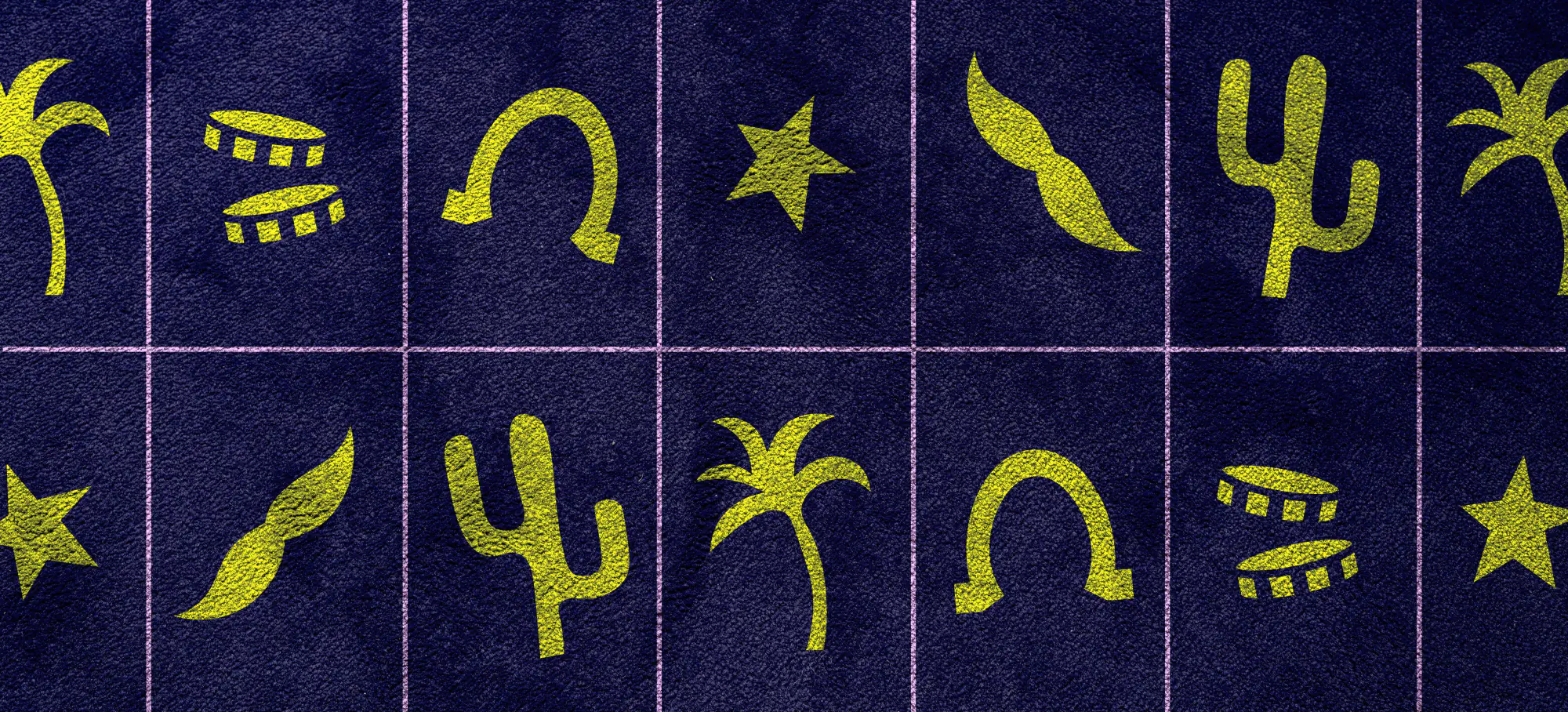 Vegas Game illustrations printed on a gaming felt — palm tree, chips, horseshoe, star, moustache, cactus