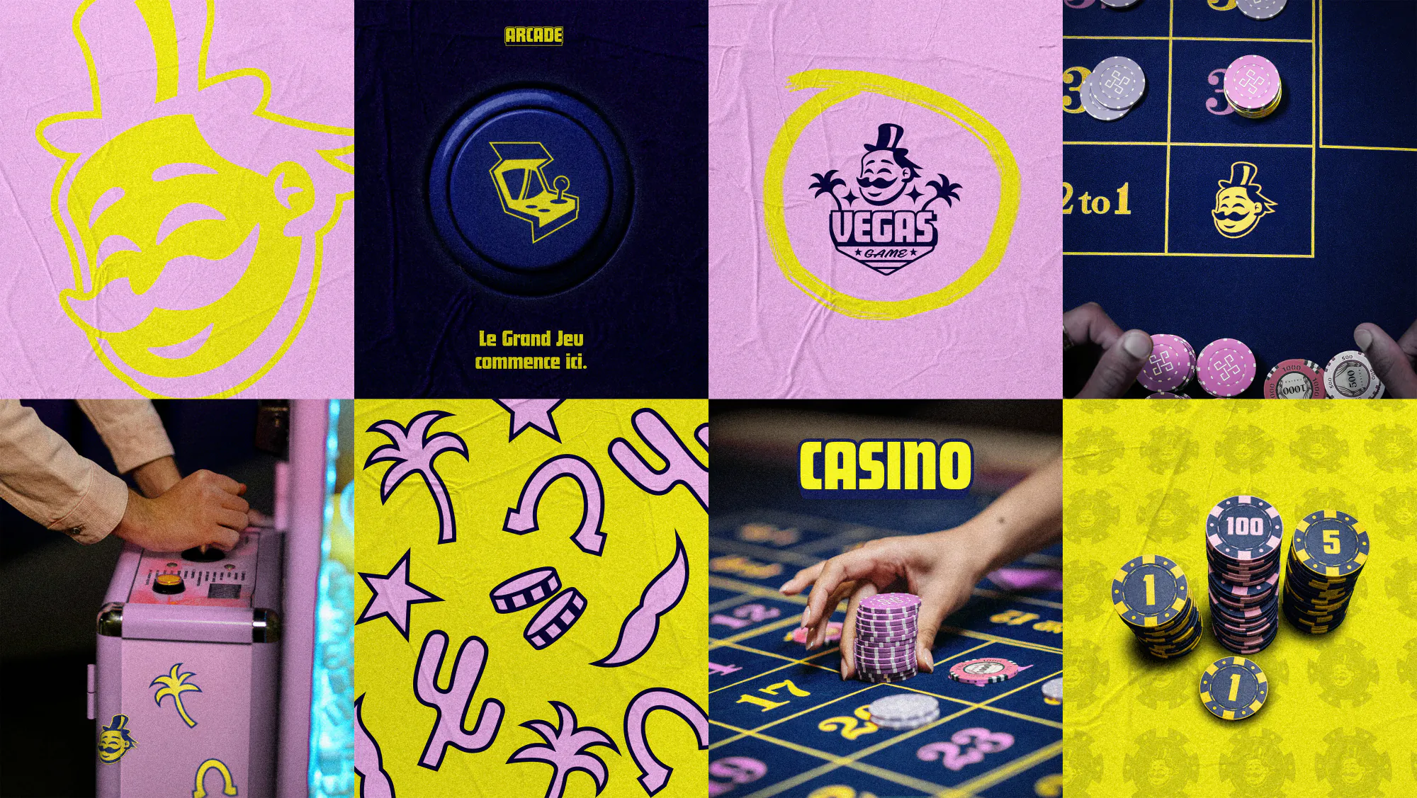 Vegas Game — eight applications of the identity: mascot, arcade button, logo, roulette table, arcade cabinet, pattern, casino and chips